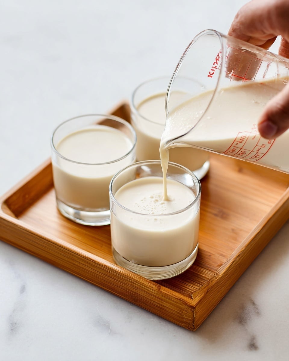 Two clear glasses each contain a creamy white yogurt base filling about three-quarters of the glass. On top of the yogurt are fresh berries including red strawberries, raspberries, and blackberries, along with small pieces of green pistachio nuts scattered around. One glass has a simple white spoon standing inside it. The glasses are placed on a light wooden board set on a white marbled surface. In the blurred background, there is a small white jug and a pale bowl with more nuts. Photo taken with an iphone --ar 4:5 --v 7