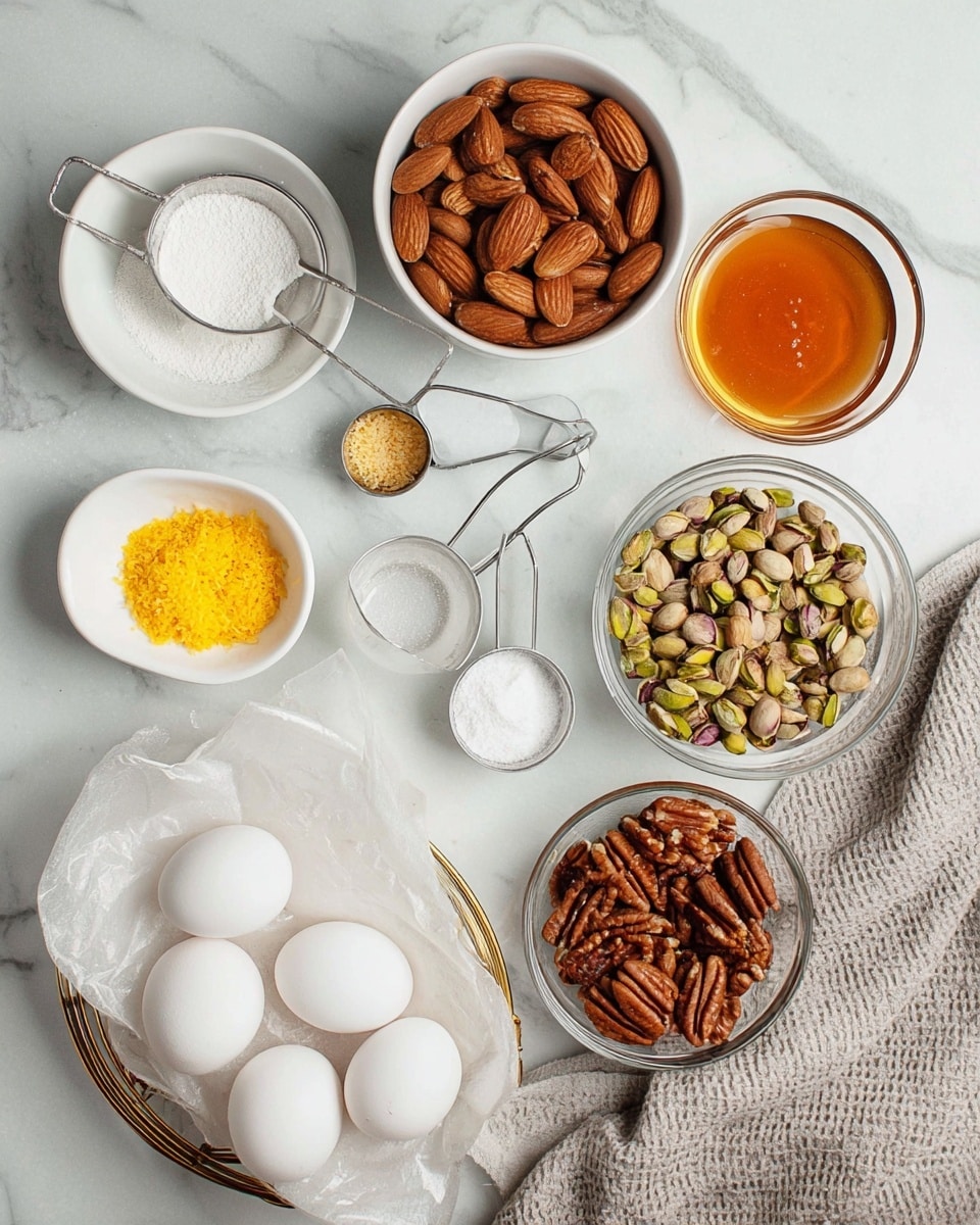 The image shows several long, thick pieces of white nougat filled with mixed nuts like pistachios and almonds evenly spread inside. The nougat has a smooth, slightly glossy texture with visible nuts embedded throughout, creating a contrast of pale white and brownish-yellow colors. The pieces are laid flat on a white marbled surface with some beige parchment paper around them and a green herb sprig in the background for decoration. The scene looks clean and bright with a simple, natural look. Photo taken with an iphone --ar 4:5 --v 7