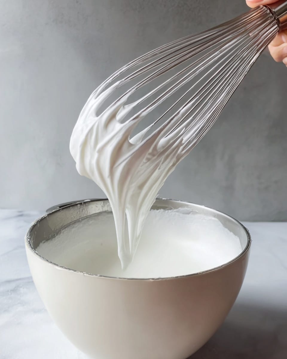 A close-up image shows a silver metal whisk held by a woman's hand lifting a thick, glossy white foam from a white metal bowl. The foam forms soft peaks on the whisk wires, with some foam coating the inside of the bowl. The bowl rests on a white marbled texture surface. The overall scene looks clean, bright, and focused on the smooth texture of the foam and shiny metal utensils photo taken with an iphone --ar 4:5 --v 7