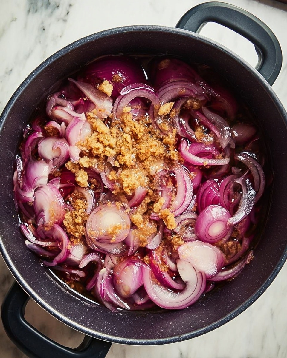 A close-up top view of a black pot filled with several layers of sliced red onions, which are soft and translucent with a wet look. On top, there is a layer of light brown crumbled pieces that look like seasonings or broth cubes. The pot has two black handles and is placed on a white marbled surface. The colors are mainly deep purple and light brown with shiny textures from the cooking liquid. Photo taken with an iphone --ar 4:5 --v 7