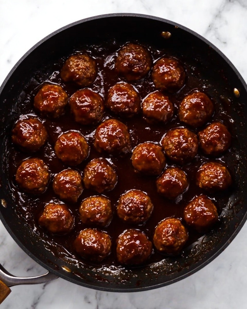 A close-up view of a white bowl filled with many small round meatballs covered in a thick, shiny dark red-brown sauce. The meatballs are tightly packed and glossy, reflecting light from the smooth sauce coating each one evenly. The bowl sits on a white marbled surface with some red cranberries blurred in the background, and a red-striped cloth is partially visible beneath the bowl. A silver spoon rests nearby. photo taken with an iphone --ar 4:5 --v 7