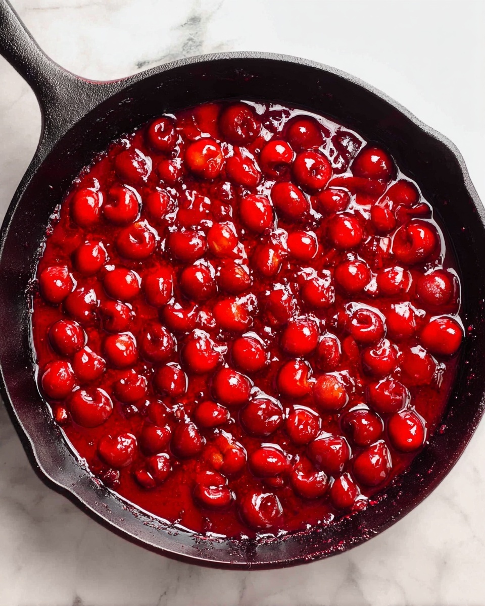 The image shows a black cast iron pan filled with a bright, shiny red cherry sauce. The sauce has whole cherries spread evenly in a thick, glossy red liquid. The pan is placed on a white marbled surface, creating a clean and fresh look. The pan’s handle is visible on the left side, and the rich red color of the cherries and sauce contrasts strongly with the black pan and the white marbled background. photo taken with an iphone --ar 4:5 --v 7