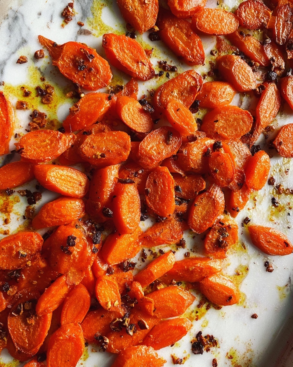A close-up view of roasted carrot slices spread unevenly on a baking tray with a white marbled texture, showing vibrant orange pieces with a glossy, slightly caramelized surface and small bits of dark, crispy seasoning scattered among them, with some oil stains visible on the tray. photo taken with an iphone --ar 4:5 --v 7
