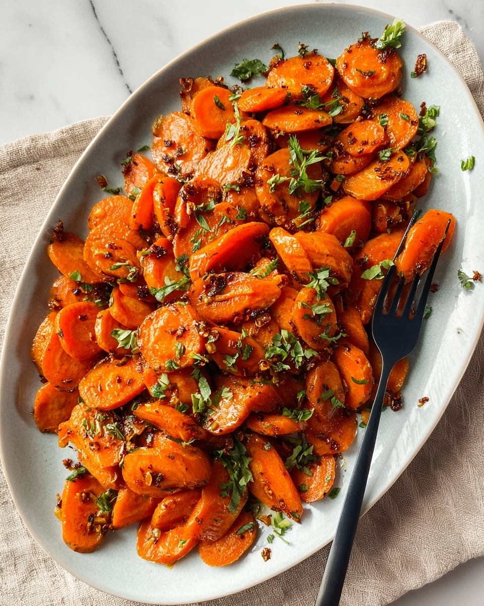 The dish shows a white oval plate filled with sliced cooked carrots that have a bright orange color and a glossy texture. The carrots are mixed with small dark bits of seasoning, likely spices, sprinkled all over. Tiny pieces of fresh green herbs are scattered on top, adding a pop of color. A black fork is placed on the right side of the plate, partially resting on the carrots. The plate sits on a beige cloth on a white marbled surface. The overall look is warm, fresh, and vibrant. photo taken with an iphone --ar 4:5 --v 7