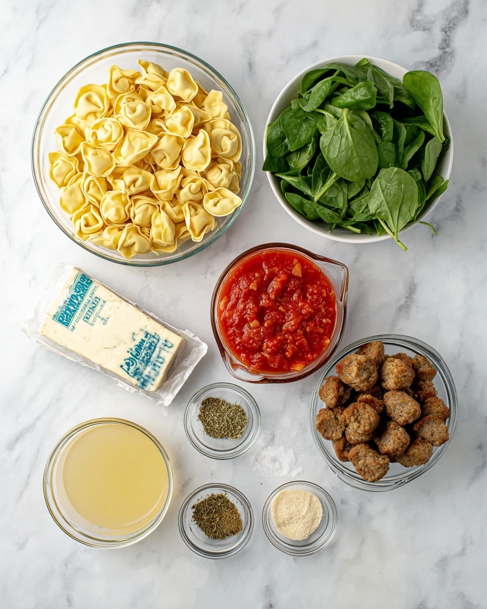 The image shows a top-down view of various ingredients arranged neatly on a white marbled surface. There is one large clear glass bowl filled with uncooked tortellini pasta, which is light yellow and smooth with a folded shape. Next to it, a white bowl holds fresh green spinach leaves with a crisp texture. A clear glass measuring cup contains bright red chunky tomato sauce with visible tomato pieces. Below it, another clear glass measuring cup is filled with a pale yellow broth. To the side, a block of cream cheese wrapped in a branded white and blue paper is visible. A medium clear glass bowl holds browned, cooked sausage pieces that have a rough texture. Four small bowls hold different dry seasonings: green dried herbs, coarse black pepper, and two types of pale beige powdery garlic and onion powders. The shot is clean and brightly lit. photo taken with an iphone --ar 4:5 --v 7