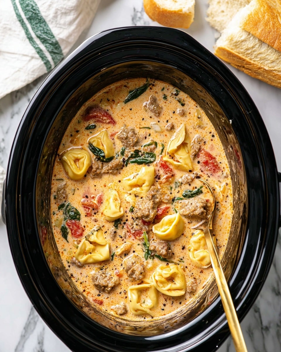 A black slow cooker filled with creamy tortellini soup, showing several layers: at the bottom is a thick light orange creamy broth with small black seasoning specks; floating on top are yellow tortellini pasta pieces with soft, wrinkled edges, chunks of cooked brown meat, red tomato pieces, and dark green wilted spinach leaves scattered throughout. A gold spoon is placed inside the soup from the bottom right corner, partially submerged. Around the slow cooker, a white and green striped cloth and part of a torn white bread loaf rest on a white marbled surface. The photo taken with an iphone --ar 4:5 --v 7