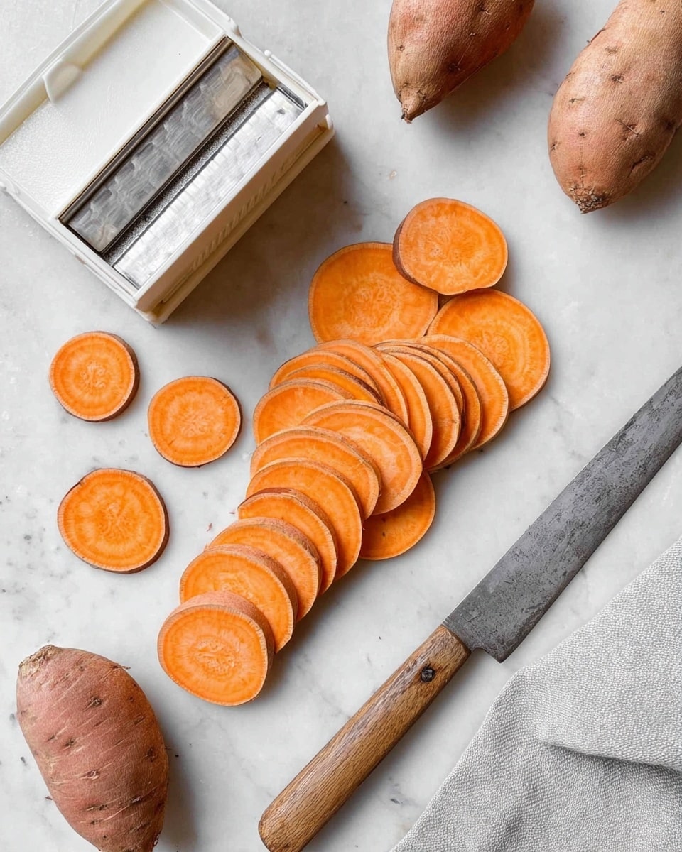 In a black oval cast iron pan, there are many thin slices of orange sweet potatoes layered closely together in a spiral pattern, filling the pan from the edges toward the center. The slices have slightly browned spots and are sprinkled with small bits of green herbs and whole cloves of garlic peeking out between the layers. Next to the pan on a white marbled surface, there is a small metal bowl with a wooden brush resting inside it, and two green herb leaves lie beside the bowl. A crumpled light gray cloth is partially visible under the pan. Photo taken with an iphone --ar 4:5 --v 7