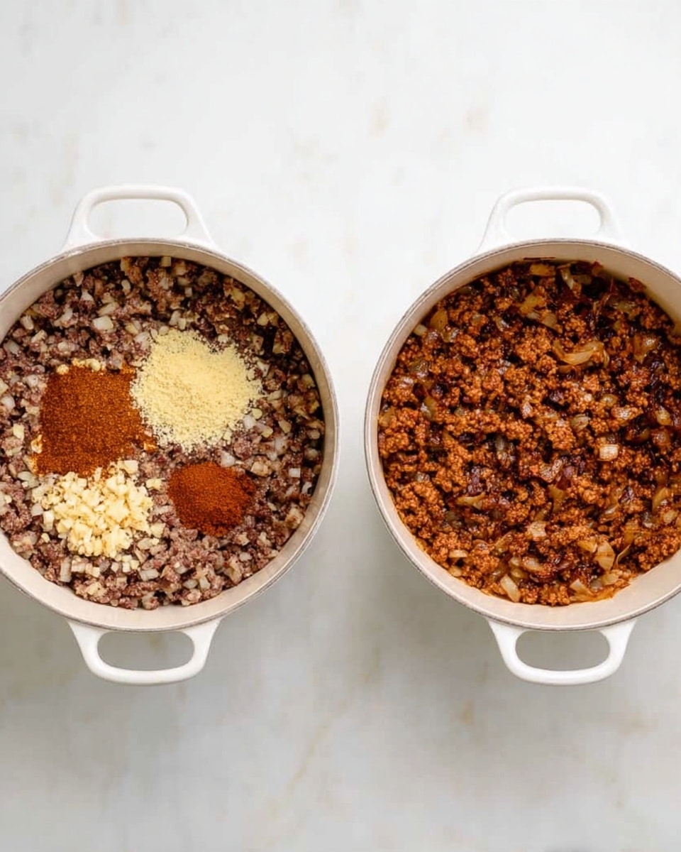 Two white pots with handles sit side by side on a white marbled surface. The left pot shows a layer of cooked ground meat mixed with chopped onions, with three separate piles on top: a light yellow pile of minced garlic, a reddish-brown pile of chili powder, and another brownish spice. The right pot shows the same meat mixture now fully mixed and browned with onions and spices, forming an even layer of dark brown and golden cooked meat and onions spread across the pot bottom. Photo taken with an iphone --ar 4:5 --v 7