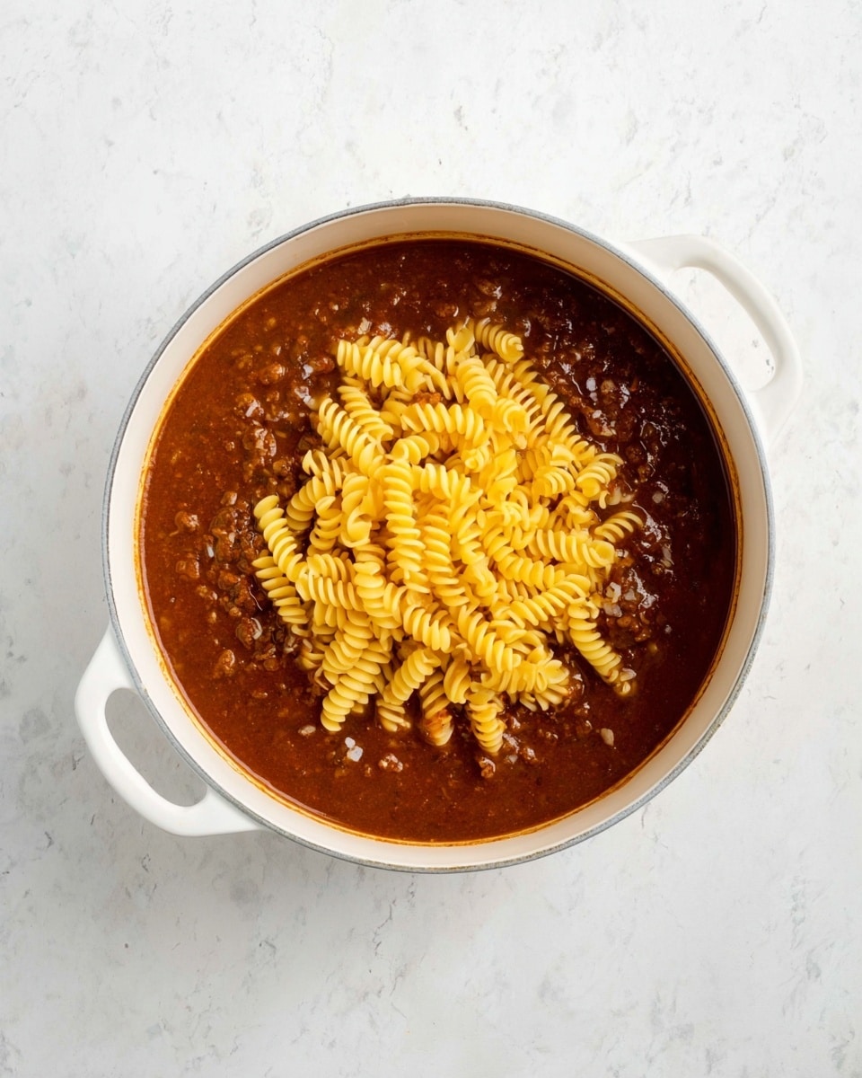 A white pot with two handles sits on a white marbled surface, filled with a dark brown thick sauce that looks like meat sauce, covering the bottom and sides of the pot. On top, there is a pile of uncooked yellow spiral pasta, slightly wet from being in the sauce, sitting in the center. The sauce has small bits of meat or vegetables visible under the pasta. The lighting is bright and even, highlighting the texture of the sauce and the shapes of the pasta. photo taken with an iphone --ar 4:5 --v 7