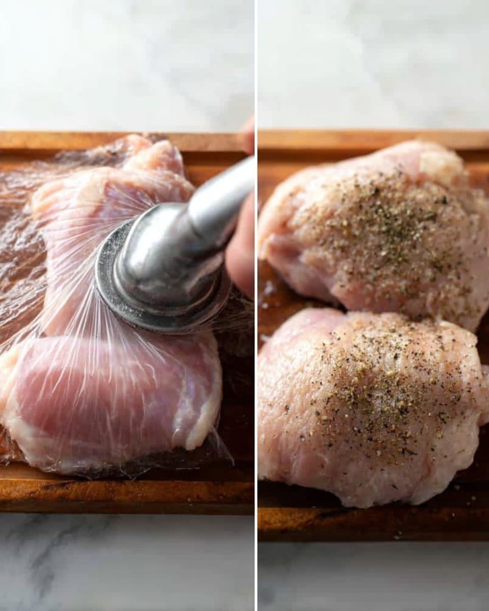 The image shows two side-by-side views of raw chicken thighs on a wooden board placed on a white marbled surface. On the left side, a woman's hand is using a metal meat tenderizer to press down on one pinkish chicken thigh covered with clear plastic wrap. On the right side, two chicken thighs are shown plain but seasoned with black pepper and salt, appearing soft and slightly shiny. The lighting is natural, highlighting the pink color and moist texture of the chicken skin. Photo taken with an iphone --ar 4:5 --v 7