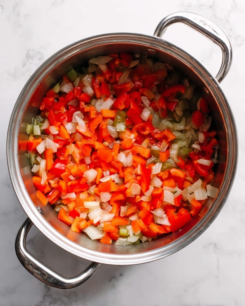 The image shows a shiny stainless steel pot filled with cooked chopped vegetables. The vegetables include bright red bell peppers and translucent white onion pieces, stirred together inside the pot. The pot has two handles and rests on a white marbled surface. The colors are warm and fresh, with the red peppers standing out against the gentle white of the onions. Photo taken with an iphone --ar 4:5 --v 7