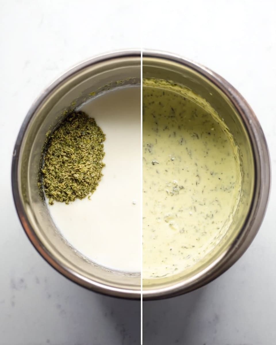 The image shows two side-by-side photos of a silver metal pot on a white marbled surface. In the left photo, the pot contains three separate layers: cooked green peas on the top left, light yellow grated cheese on the top right, and pale yellow tortellini pasta on the bottom. In the right photo, all the ingredients are mixed together, displaying the tortellini coated evenly with the peas and cheese, giving a creamy, slightly textured appearance with small green pea pieces spread throughout. Photo taken with an iphone --ar 4:5 --v 7