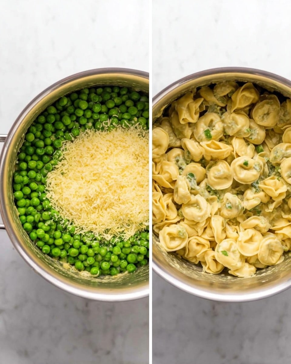 A white plate holds a single layer of yellow tortellini mixed with green peas, all coated in a light green herb sauce with visible specks of seasoning. The tortellini pieces are plump and round, each one distinct, scattered evenly with peas nestled in between. A dark brown spoon rests on the right side of the plate, partially under the pasta. The plate sits on a white marbled surface next to a small bowl filled with white grated cheese on the bottom left. Bright green basil leaves are placed near the bottom right corner, and a striped cloth with white and gray lines appears in the upper left background. The top right corner shows the bottom of a clear glass. Photo taken with an iphone --ar 4:5 --v 7