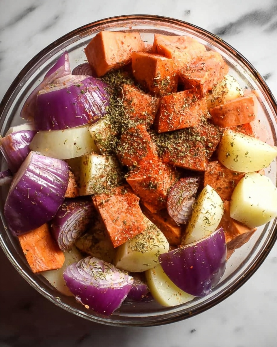 A clear glass bowl holds three layers of chopped vegetables on a white marbled surface. The bottom layer has white potatoes with smooth, slightly shiny skin, and some purple onion pieces with a rough texture. The middle layer is made of thick, orange sweet potato chunks with a matte finish. The top layer shows more purple onion pieces mixed with yellow potato pieces, all sprinkled with dark brown and green dried herbs and spices, giving a rough texture on top. photo taken with an iphone --ar 4:5 --v 7