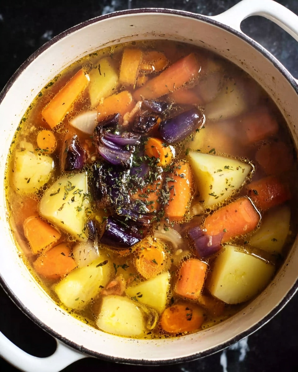 The image shows a white pot filled with a clear soup containing large chunks of orange carrots and yellow potatoes distributed evenly throughout the broth. On top, there is a cluster of darker, slightly charred pieces of purple onions, adding texture and color contrast. The soup has visible herbs sprinkled across the surface, giving it a seasoned look. The pot sits on a dark surface but should be imagined on a white marbled texture. Steam rises gently from the soup, suggesting it is hot and freshly made. photo taken with an iphone --ar 4:5 --v 7