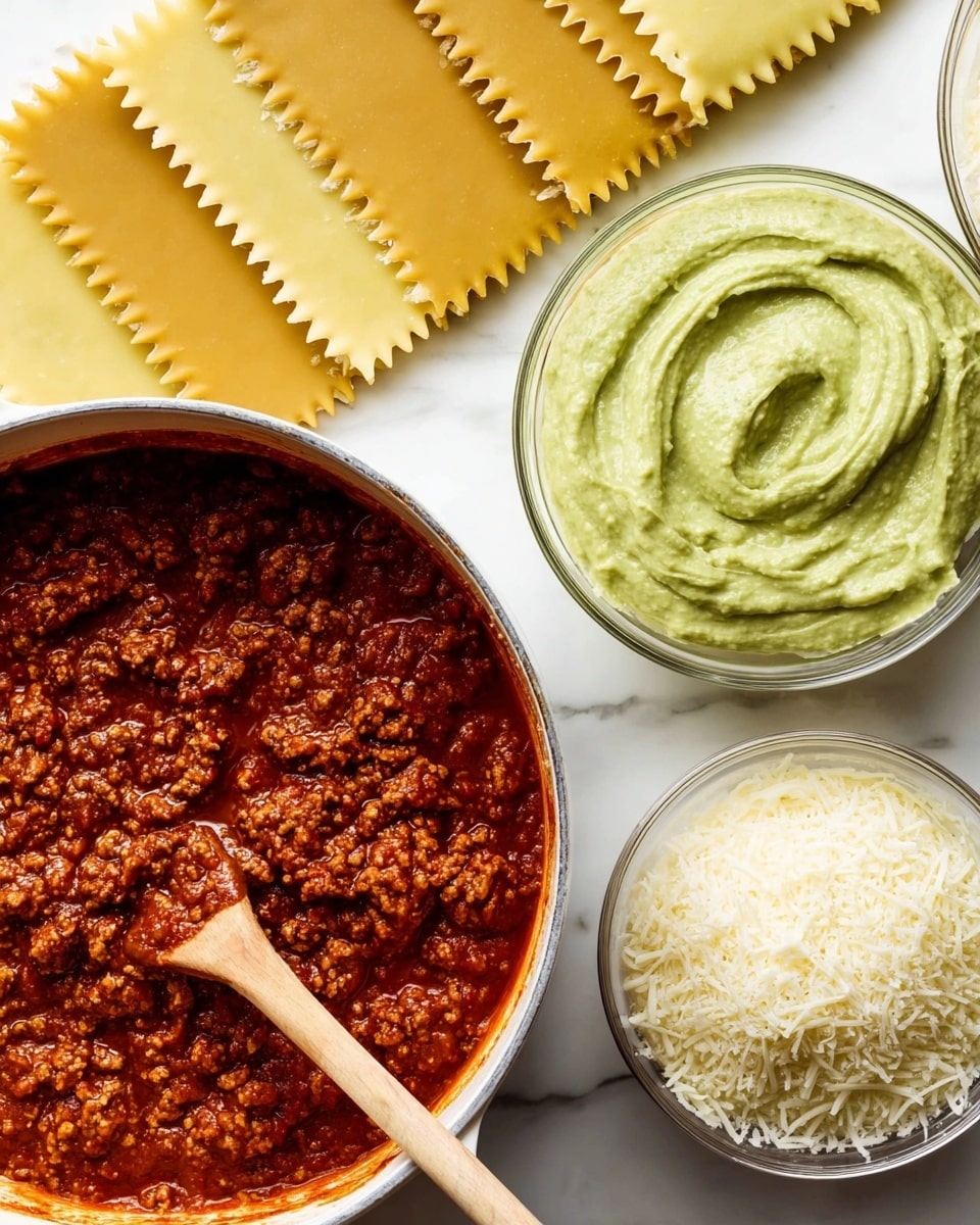 The image shows a white pot filled with thick meat sauce that is rich red with chunks and a wooden spoon resting inside. Next to the pot, there are several long, flat, yellow lasagna sheets with ruffled edges arranged horizontally on a white marbled surface. To the upper right, a clear glass bowl holds a creamy light green mixture with a smooth, swirled texture. Below it, another clear bowl contains finely shredded white cheese. The white marbled surface contrasts with the colors of the ingredients, making them stand out clearly. Photo taken with an iphone --ar 4:5 --v 7