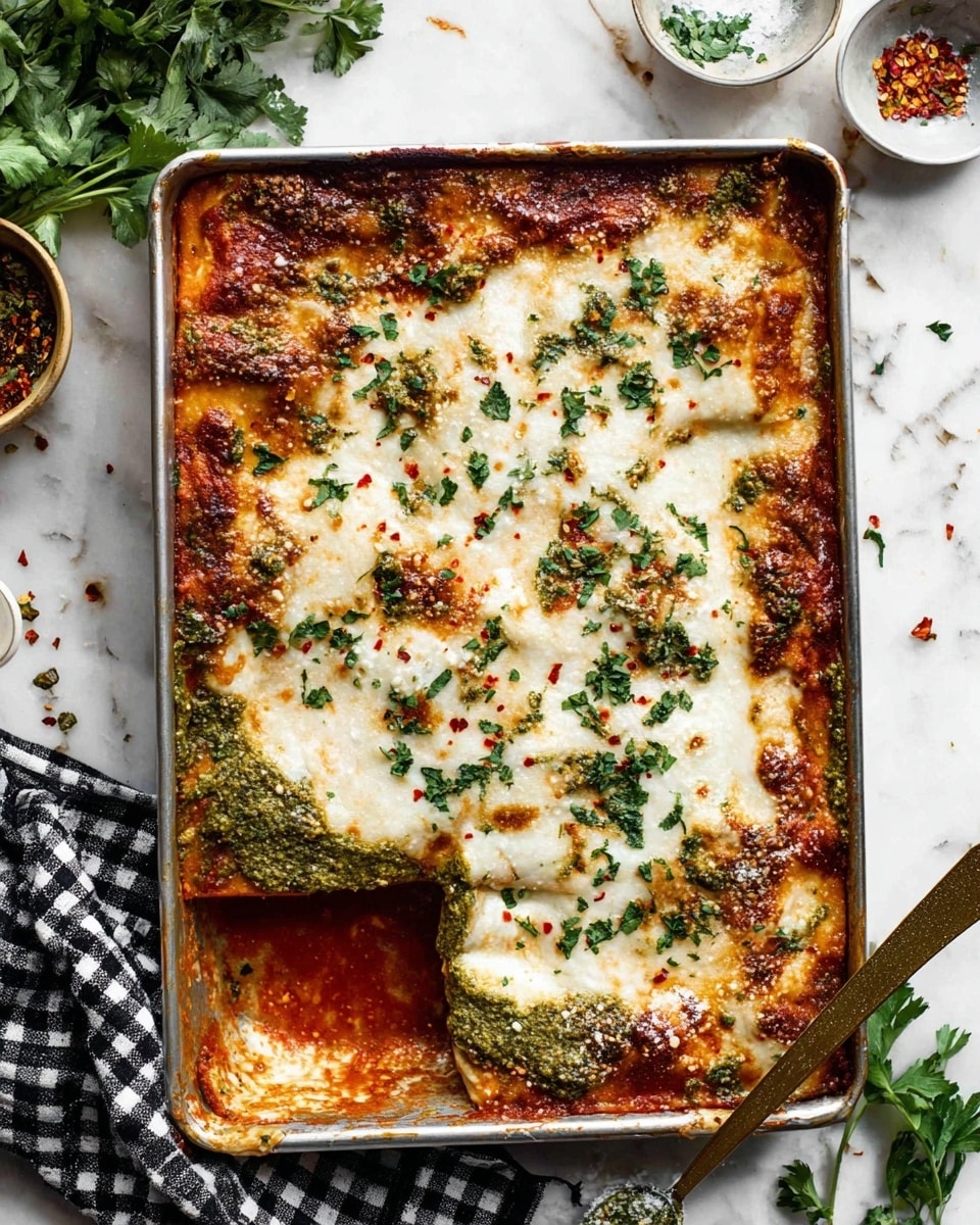The image shows a rectangular metal baking tray filled with a layered dish that appears to have three main layers: the bottom layer is a rich red tomato sauce with some visible texture, the middle layer is thick and green, likely a pesto or spinach-based mix, and the top layer is melted white cheese that covers the entire surface unevenly with some golden brown spots where it bubbled and browned. Scattered on top of the cheese are small green herb leaves and red chili flakes adding color contrast. One corner has a square piece removed, revealing the thick layers inside. The tray sits on a white marbled surface with some fresh herbs and small bowls partly visible around it. The scene includes a black and white checkered cloth nearby. photo taken with an iphone --ar 4:5 --v 7