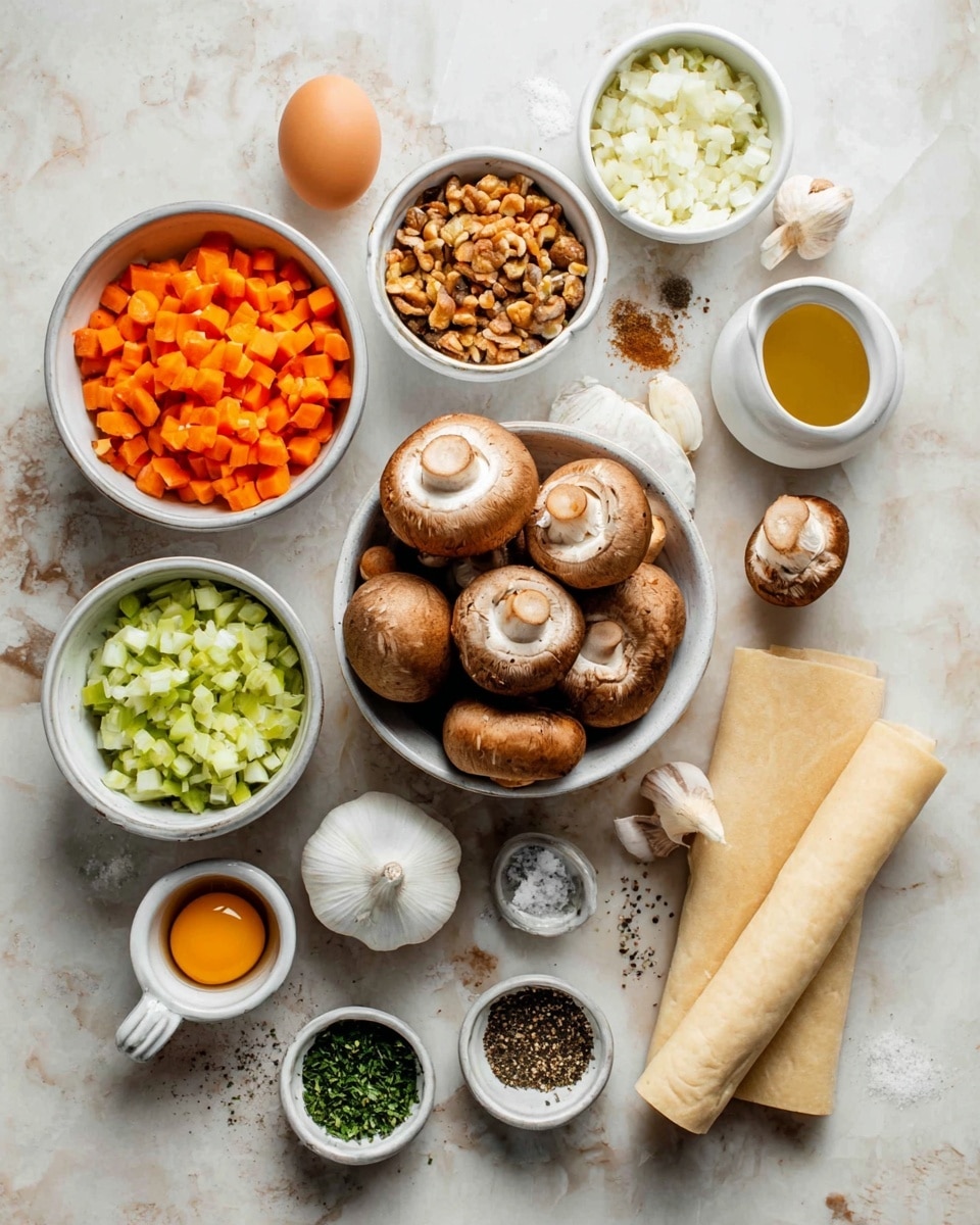 The image shows an overhead view of various fresh cooking ingredients arranged on a white marbled surface. In the center, a white bowl is filled with whole brown mushrooms with smooth caps, some stacked on top of each other. To the left is a white bowl full of small bright orange diced carrots, stacked neatly. Below that, a small white bowl holds pale green diced celery, and next to it is a bowl with chopped brown nuts. Above the mushrooms, there is a small white cup with an egg, a tiny white jug with light yellow oil, and a small white bowl filled with finely chopped white onions. On the right side, two rolled sheets of light beige pastry lie flat. Further down, small white dishes contain mustard-colored sauce, dried herbs, and ground black pepper with salt. At the bottom left, whole peeled garlic cloves and fresh herbs are visible in tiny white bowls. Photo taken with an iphone --ar 4:5 --v 7