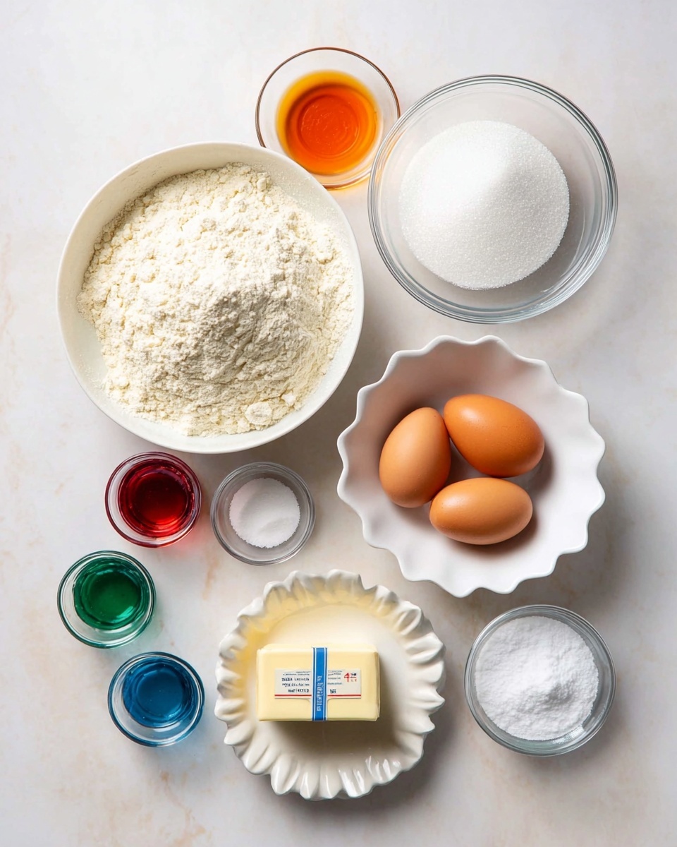 A flat lay of baking ingredients arranged neatly on a white marbled surface, featuring a large white bowl filled with white flour with a slightly grainy texture, placed near the center left. To its top right is a clear glass bowl full of white granulated sugar, smooth and shining. Next to that, a white scalloped bowl holds two brown eggs with smooth shells. Below the eggs, an opened stick of butter in its white and blue wrapper displays a soft, pale yellow surface. On the bottom left are four small glass bottles of food coloring in blue, green, orange, and red, each glowing slightly. Two small clear glass bowls containing white powdered sugar and a fine white salt sit close by. A small white bowl with amber-colored vanilla extract is placed at the top left. The overall setting is bright with soft natural light, photographed with an iPhone --ar 4:5 --v 7