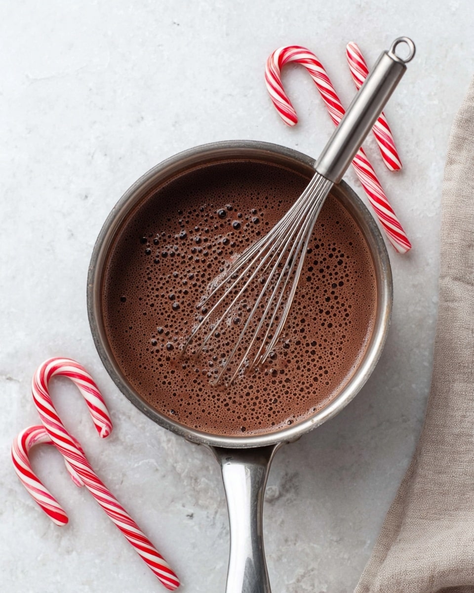 A shiny metal saucepan filled with frothy, dark brown hot chocolate is placed on a white marbled surface. Inside the saucepan is a metal whisk resting on the thick, bubbly liquid. Around the saucepan are three red and white striped candy canes, two positioned near the top right and one near the bottom left. The overall setting gives a cozy, warm feeling. photo taken with an iphone --ar 4:5 --v 7