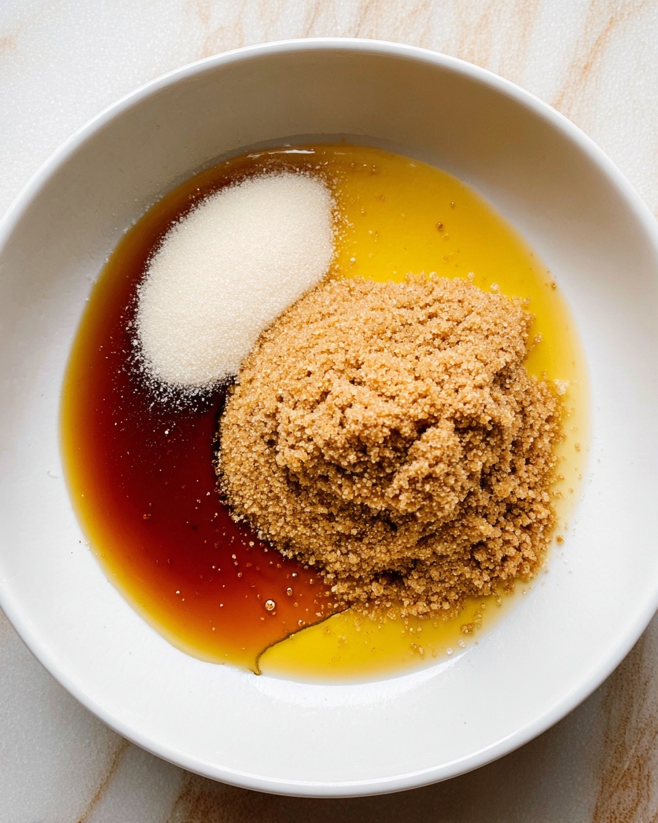 A white bowl holds four separate layers of ingredients: a shiny amber liquid layer fills the bowl's base, topped closely by a white granular layer piled in an oval shape on one side; next to it is a bright yellow syrupy layer, and a large mound of light brown sugar with a slightly rough, crumbly texture sits toward the center. The bowl is placed on a white marbled surface. photo taken with an iphone --ar 4:5 --v 7