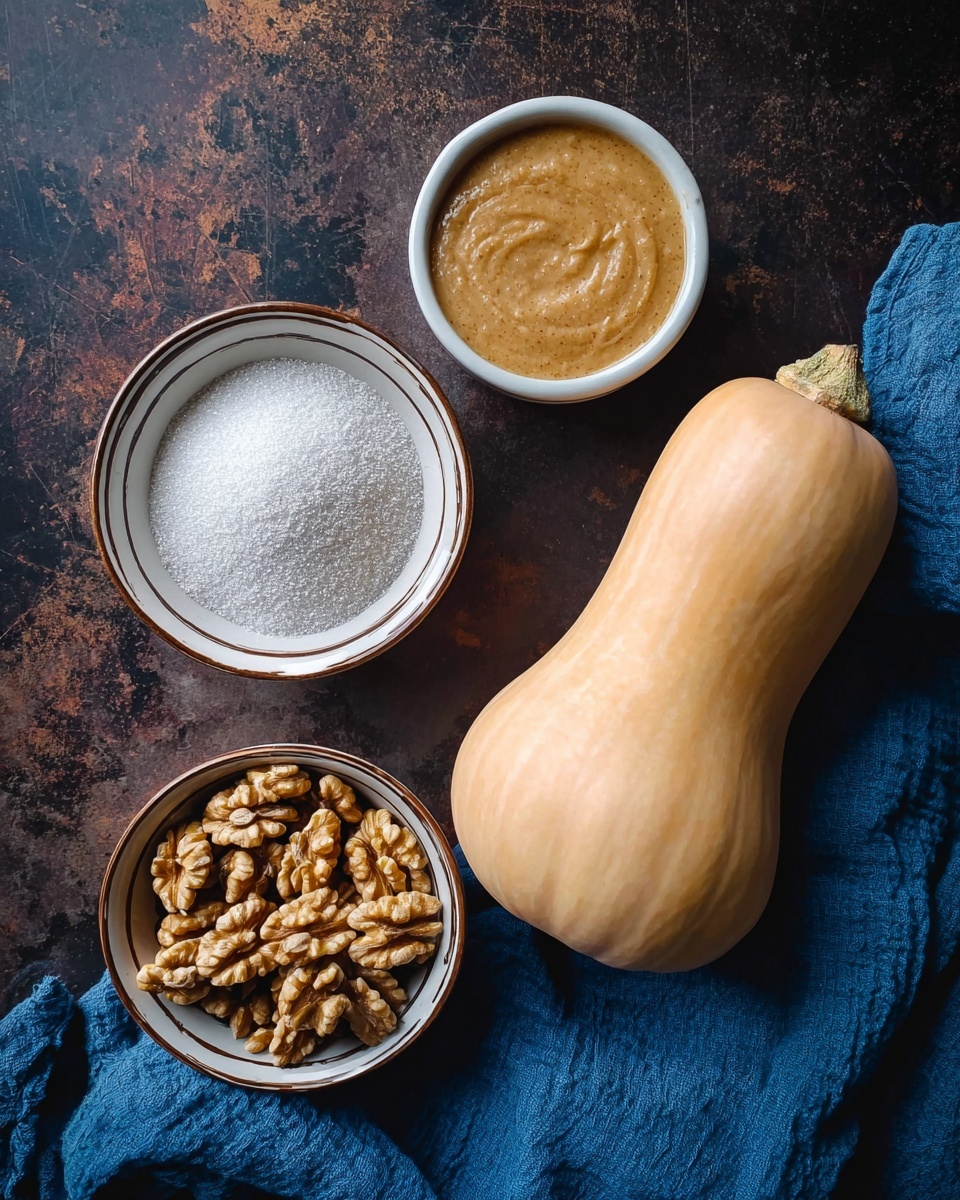 The image shows four items placed on a dark textured surface with a blue cloth in the bottom left corner. On the right side is a whole butternut squash with a pale orange color and a smooth but slightly matte texture. Above it, there is a small white bowl filled with light brown tahini. To the left of the squash is a white bowl filled with a fine white granulated substance, likely sugar. Above this bowl is another white bowl with brown striped edges, filled with whole walnuts that have a wrinkled texture and golden-brown color. The background has a dark, worn look, but for the prompt, please imagine it as a white marbled texture. photo taken with an iphone --ar 4:5 --v 7