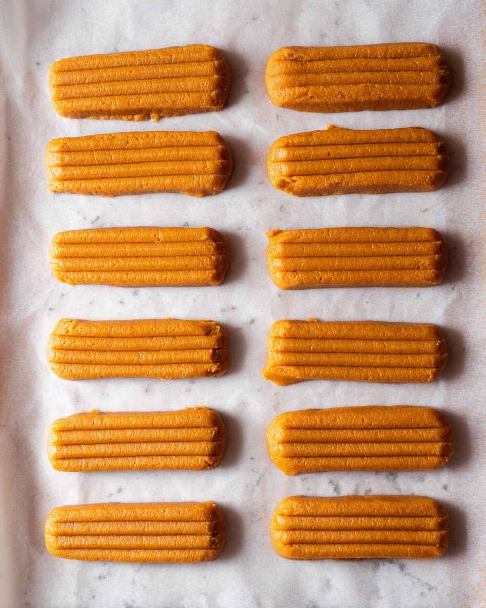 The image shows five rows and six columns of evenly spaced, rectangular orange dough pieces with ridged textures, all placed on a white marbled surface covered with white parchment paper. Each dough piece is about the same size and shape, with parallel grooves running along the length, and some have slightly uneven ends. The lighting is soft, highlighting the smooth and slightly glossy texture of the dough. Photo taken with an iphone --ar 4:5 --v 7