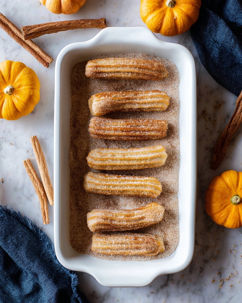 The image shows a white rectangular dish filled with a light brown mixture of cinnamon sugar at the bottom. On top, there are nine churros arranged evenly across the dish. Each churro has a golden-brown color with a crispy, ridged texture and is coated lightly in cinnamon sugar, matching the base layer. The dish is on a white marbled surface, surrounded by small orange pumpkins, cinnamon sticks, and a dark blue cloth nearby. The lighting is soft, highlighting the warm tones of the churros. Photo taken with an iphone --ar 4:5 --v 7