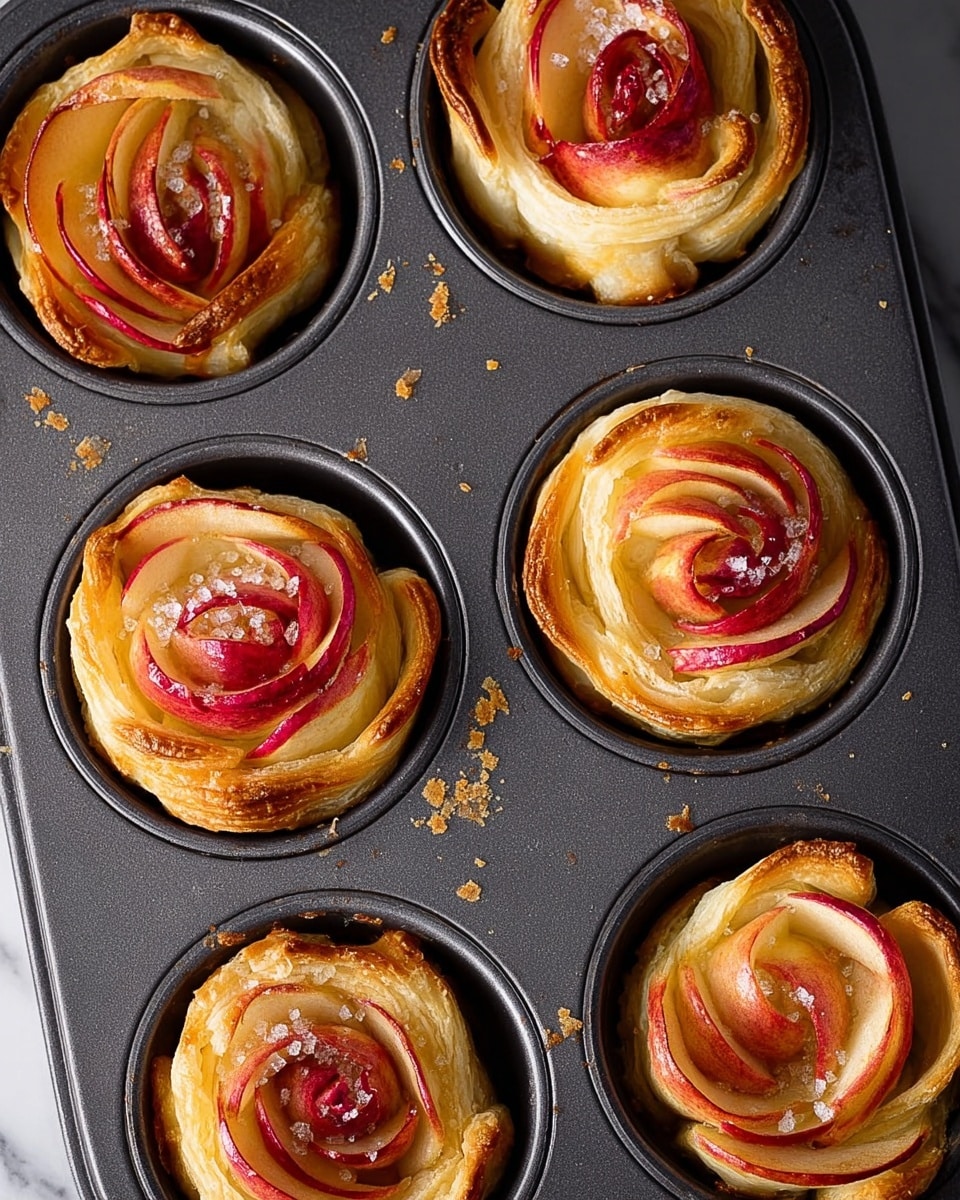 The image shows six rose-shaped pastries in a dark gray muffin tray, arranged in two columns and three rows. Each pastry has a base of light golden, flaky puff pastry that forms several soft layers, curling up gently. On top of each base are thin slices of red and yellow apples, shaped into spirals resembling rose petals, with their edges slightly browned and caramelized. There is a light sprinkle of sugar crystals on the pastries and some crumbs scattered in the tray's spaces. The background is a white marbled texture. Photo taken with an iphone --ar 4:5 --v 7