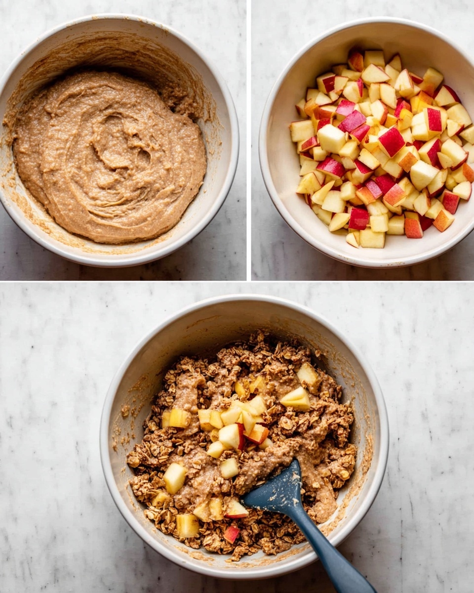 The images show a white bowl on a white marbled surface with three stages of mixing a batter. The first stage shows a thick, light brown batter spread loosely at the bottom of the bowl. The second stage adds chopped granola pieces and small red and yellow apple cubes on top of the batter in separate piles. The third stage shows the batter mixed slightly with the granola and apple pieces, creating a speckled texture of light brown with chunks of light yellow and red from the apple and crumbly, golden granola pieces. The mixing is done with a dark blue spatula. photo taken with an iphone --ar 4:5 --v 7