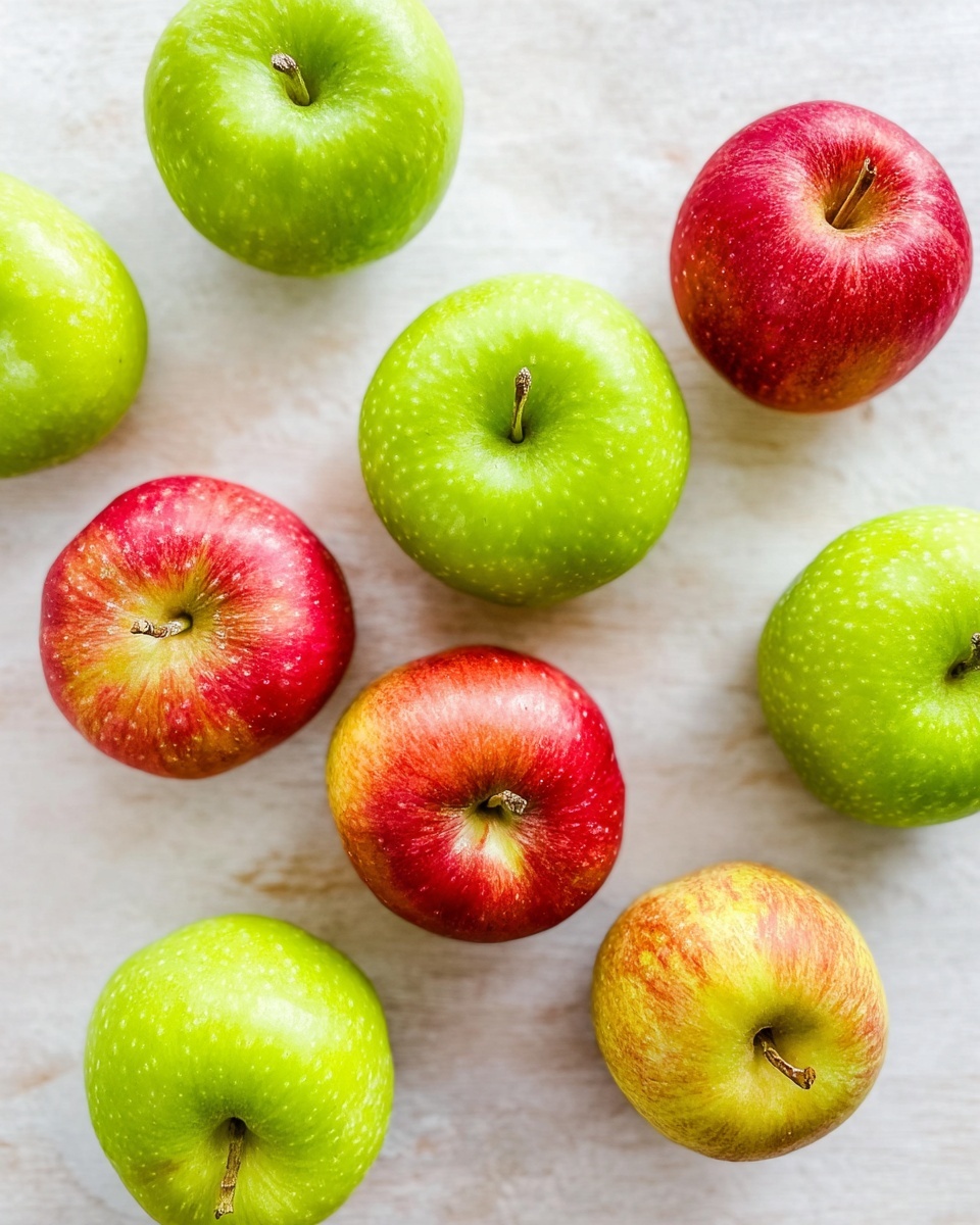 A round glass dish filled with a golden brown apple cobbler that has a rough, cracked, and slightly crispy top layer sprinkled with sugar. Beneath the top crust, thin apple slices peek out around the edges, showing a soft, cooked texture with a warm orange-brown color. The dish is placed on a white marbled surface and surrounded by two green apples and two red apples around it. Photo taken with an iphone --ar 4:5 --v 7