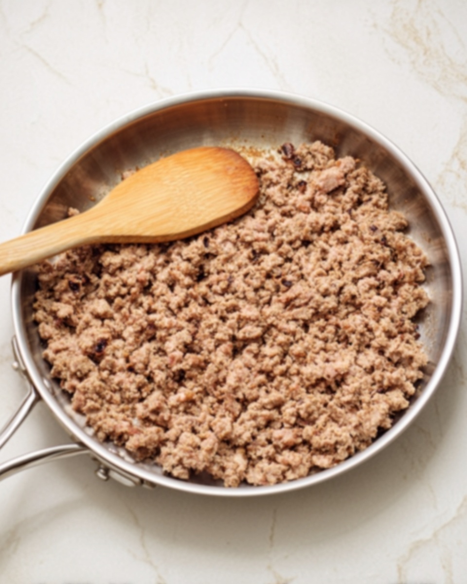 A round silver pan filled with cooked ground meat that is light brown in color, with some bits darker and more textured, evenly spread in the pan. A wooden spoon lies inside the pan on the left side, resting on the meat. The pan sits on a surface with a white marbled texture. Photo taken with an iphone --ar 4:5 --v 7