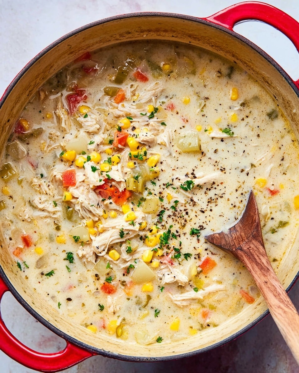 A close-up top view of a white deep pan with two main layers side by side inside: one half filled with shredded cooked light beige chicken, looking soft and fibrous, and the other half filled with bright yellow cooked corn kernels that look plump and glossy. The pan rests on a white marbled surface. photo taken with an iphone --ar 4:5 --v 7