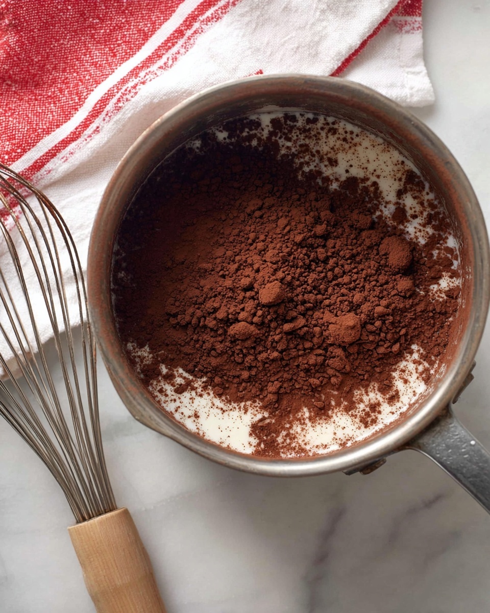 A gray metal muffin tray holds nine white paper liners filled with smooth, dark brown chocolate batter. The batter fills each liner almost to the top, with a glossy texture and some small air bubbles visible on the surface. The muffins are still raw and not yet baked, with the batter slightly uneven in some spots. The tray rests on a white marble surface with hints of soft gray veins, and a red and white striped cloth is partially visible in the background. Photo taken with an iphone --ar 4:5 --v 7