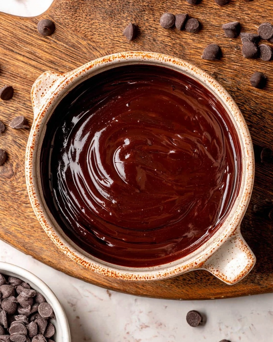 A close-up view of a round, shallow bowl filled with thick, shiny dark chocolate sauce swirled smoothly on the surface. The bowl is beige with brown speckles and has a small handle on one side. The deep brown chocolate has glossy highlights showing its rich texture. Around the bowl, there are scattered chocolate chips on a wooden surface. A small white bowl with more dark chocolate chips is partially visible at the bottom left corner. The background is a white marbled texture. photo taken with an iphone --ar 4:5 --v 7