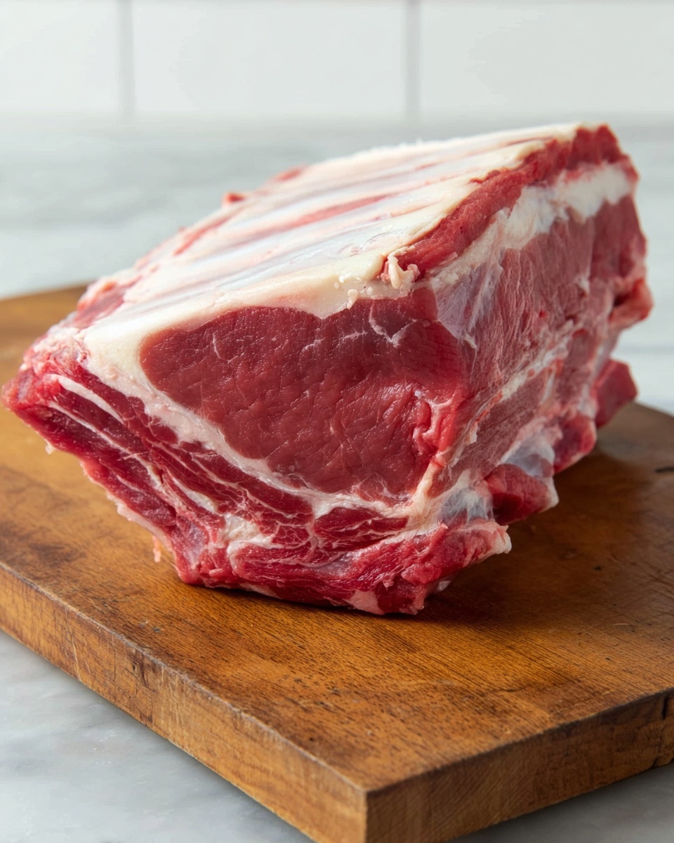 A large piece of roast beef is shown on a wooden board with three slices cut off and placed in front. The beef has a browned, seasoned crust on the outside, while the inside is pink and juicy. There are layers of red meat and white fat marbled inside the slices. A sprig of fresh green rosemary is placed on the beef, adding color contrast. A knife with a black handle and silver blade lies in front on the board. The background is a white marbled texture. Photo taken with an iphone --ar 4:5 --v 7