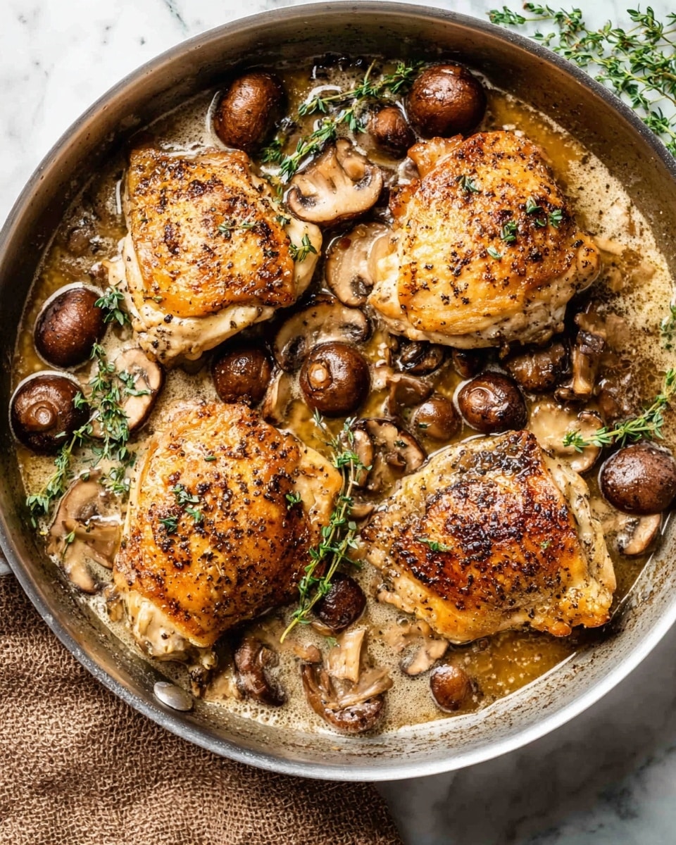 A round silver pan holds four cooked chicken pieces with a golden brown crust, each topped with black pepper and herbs. Around and under the chicken pieces, there are many brown mushrooms with smooth caps, some whole and some sliced. Light green sprigs of fresh thyme lay on top, adding color contrast. The pan is on a white marbled surface with a brown textured cloth nearby. The chicken looks juicy and the mushrooms are soft, all covered in light brown cooking liquid with small bubbles. photo taken with an iphone --ar 4:5 --v 7