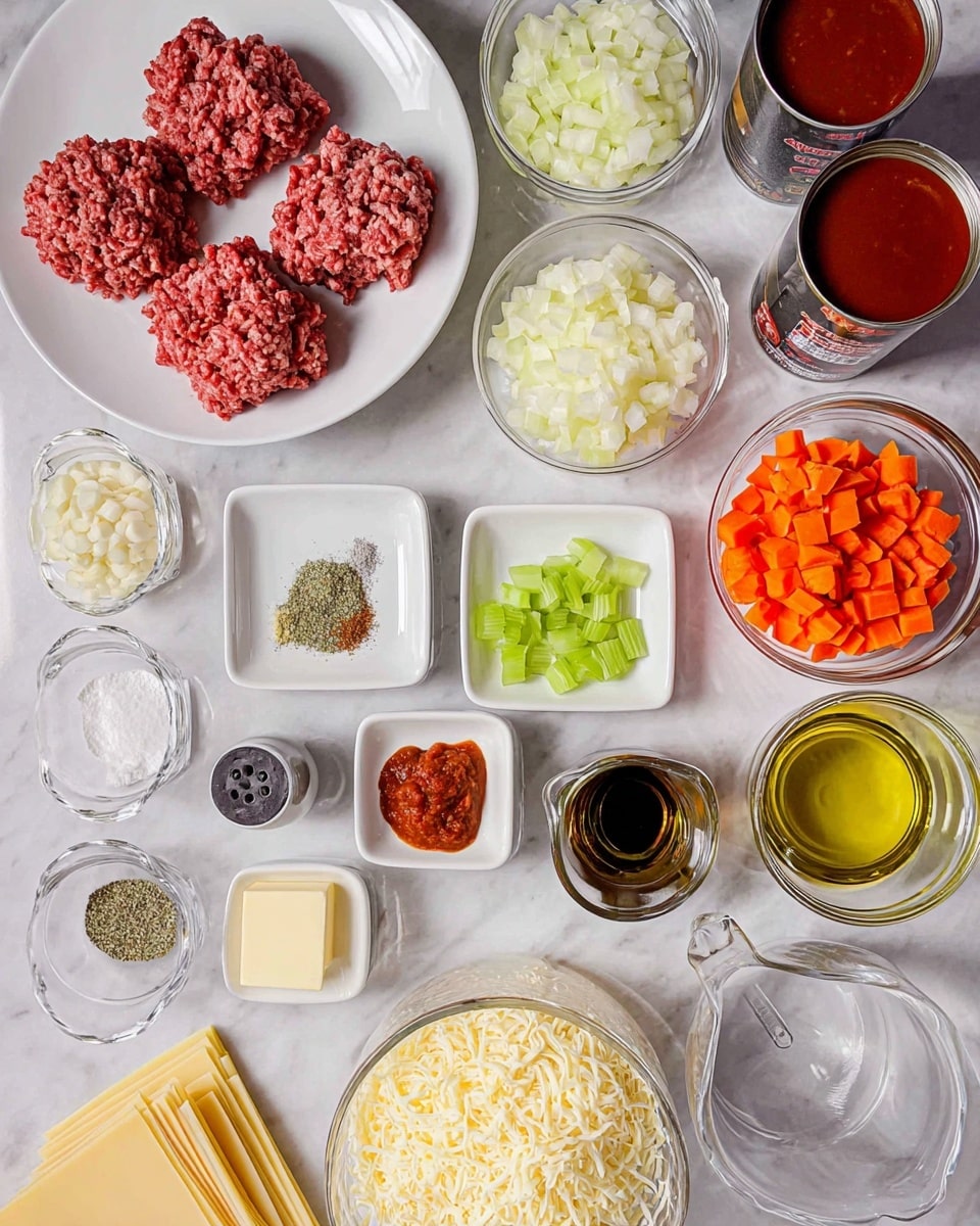 The image shows many ingredients neatly arranged on a white marbled surface. There is a white plate with two types of ground meat, one reddish and one lighter pink, placed side by side. Around it are several small white bowls and clear glass bowls holding finely chopped white onions, diced orange carrots, and chopped green celery. Small white dishes contain minced garlic, dried herbs, black pepper, salt, bay leaves, and a small amount of ground spice. Two cans are open with one filled with a red sauce. A white rectangular dish holds a stack of pale yellow pasta sheets. There is a small white dish with a square piece of butter, a clear glass full of shredded cheese, and two clear measuring cups, one filled with a dark liquid and one with a creamy white liquid. A small glass cup contains olive oil, and another small white bowl has a reddish paste. The salt and pepper shakers are placed next to the shredded cheese. photo taken with an iphone --ar 4:5 --v 7