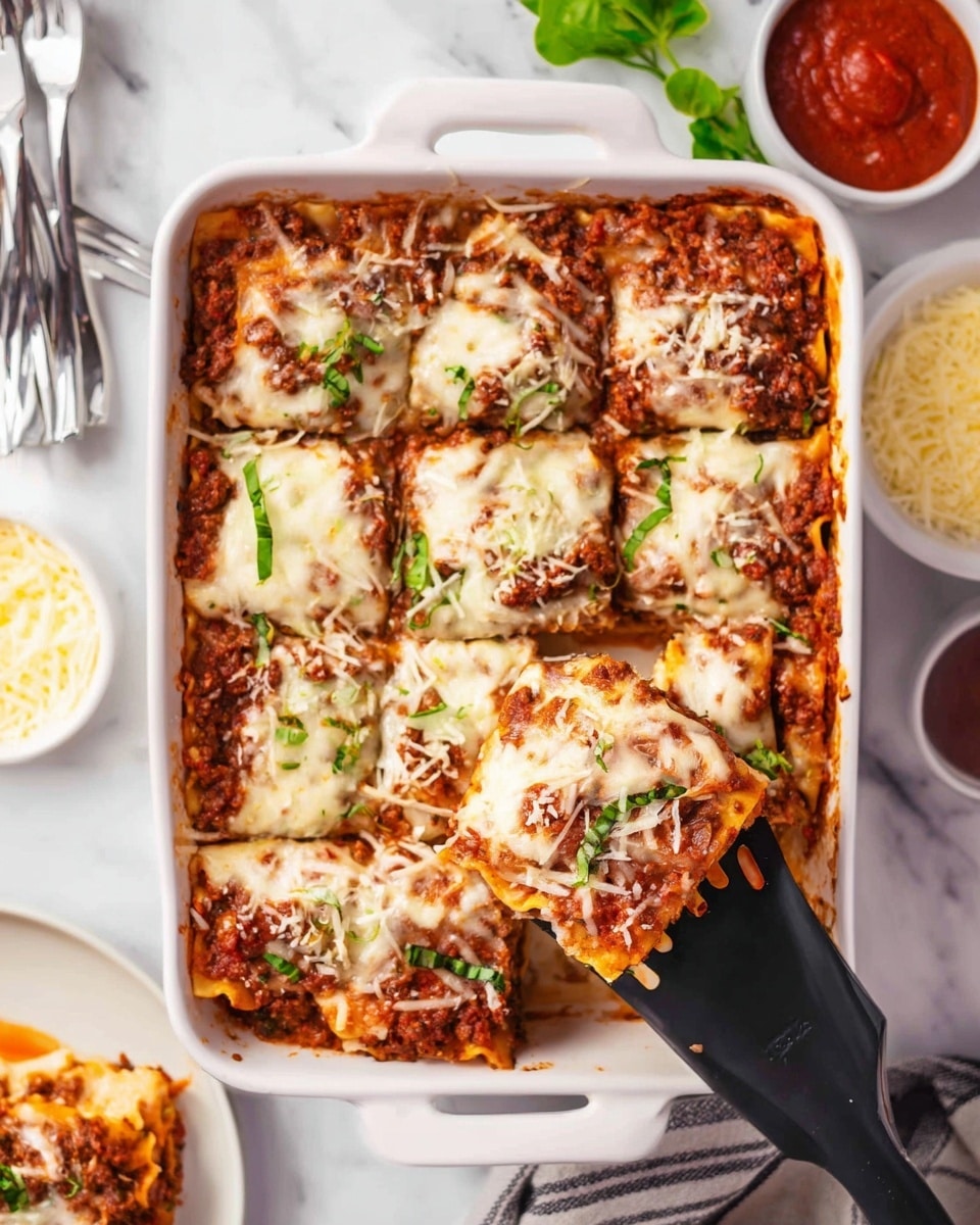 A white baking dish holds nine square pieces of lasagna with visible layers. The bottom layer is soft pasta sheets, topped with a rich dark red meat sauce mixed with browned beef and tomato, then a creamy white melted cheese layer with some fresh green basil leaves scattered on top. The top cheese layer is bubbly and slightly browned with extra shredded cheese sprinkled over. A black spatula lifts one piece showing the same layers clearly. The dish is on a white marbled surface with a round white plate holding three forks and small bowls filled with grated cheese and red sauce nearby. Photo taken with an iphone --ar 4:5 --v 7