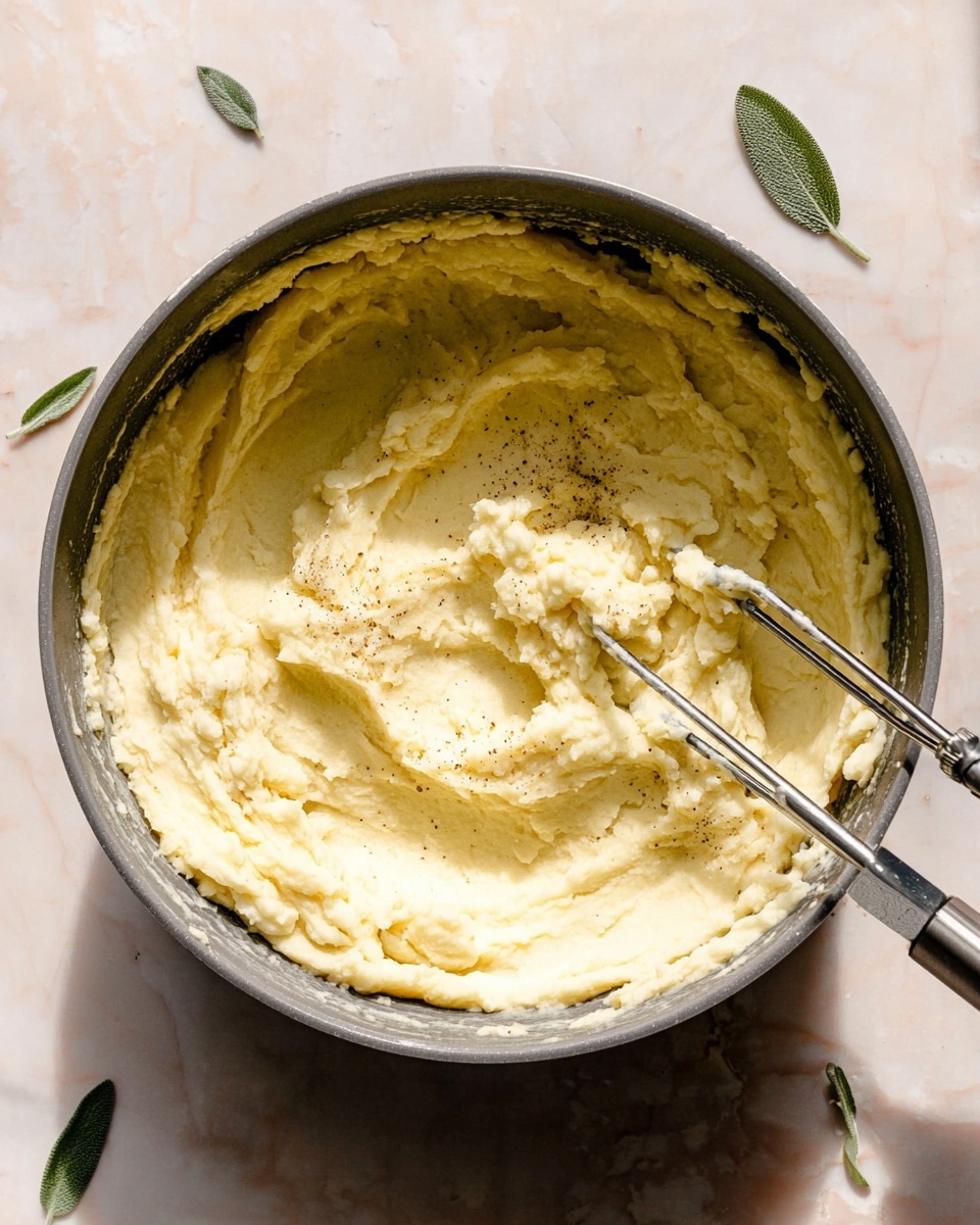 A bowl of creamy mashed potatoes with a swirl of melted butter and brown gravy on top, garnished with small green herb leaves scattered around the surface. The mashed potatoes are light beige with a soft, fluffy texture, and the gravy adds a darker brown color in a spiral pattern in the center and edges. The bowl is white and placed on a round wooden board, beside a gold spoon holding more green herbs. A white marbled surface is underneath, with part of a checkered cloth visible. Photo taken with an iphone --ar 4:5 --v 7
