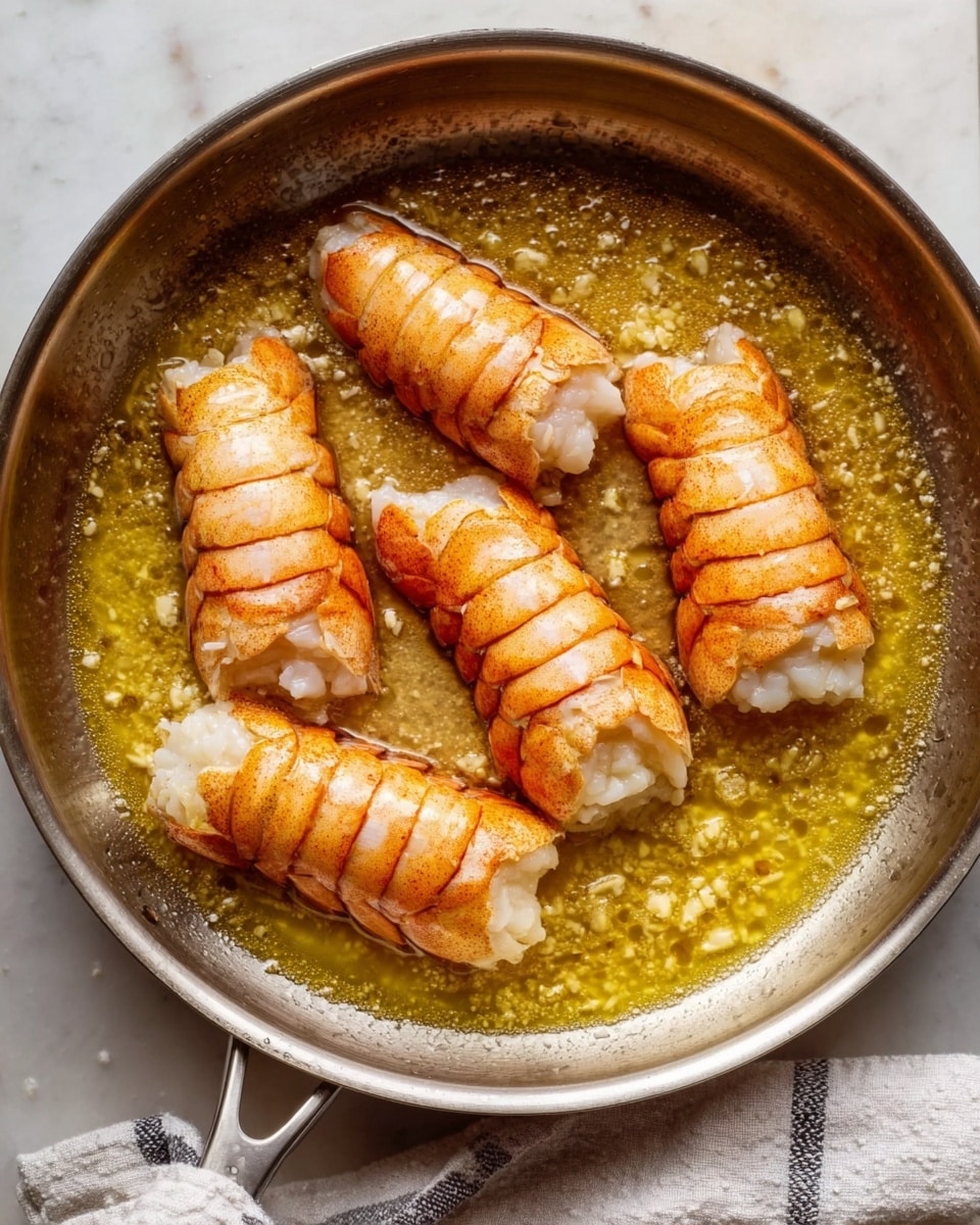 Four cooked lobster tails with a light orange and white color are arranged evenly inside a round silver pan filled with melted golden butter and small pieces of garlic. The pan sits on a white marbled surface, and a white cloth with a gray stripe is partly visible at the bottom right corner of the image. The texture of the lobster tails looks soft and tender, while the butter around them is shiny and slightly bubbling photo taken with an iphone --ar 4:5 --v 7