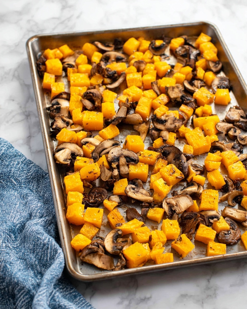 A metal baking tray holds one layer of small bright orange cubes mixed with dark brown sliced mushrooms. The orange cubes are evenly spread and slightly roasted, showing a tender texture with some browned edges. The mushrooms are scattered among the cubes, appearing soft with a few charred spots. The tray is placed on a white marbled surface with a blue and white cloth partially visible in the lower left corner. photo taken with an iphone --ar 4:5 --v 7