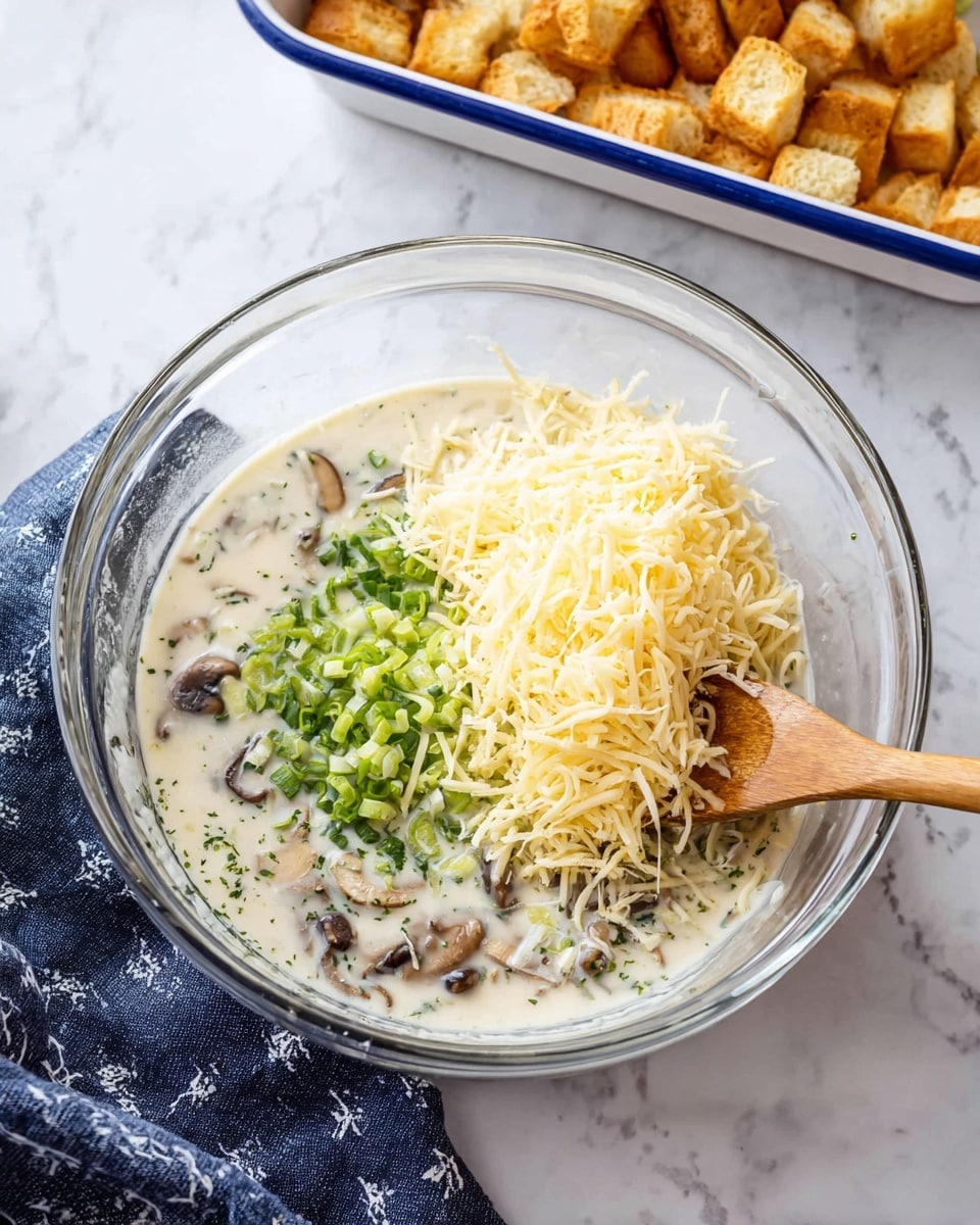 A clear glass bowl sits on a white marbled surface, filled with creamy liquid base with visible small mushroom pieces and herbs floating inside. On top of the creamy base, there are two separate piles—one of light green chopped scallions on the left side and a larger pile of pale yellow grated cheese on the right. A wooden spoon is sticking into the bowl from the right side, stirring the contents lightly. In the background, there is a white tray with blue edges filled with golden brown croutons. A dark blue cloth napkin with subtle white patterns is placed to the left of the bowl. photo taken with an iphone --ar 4:5 --v 7