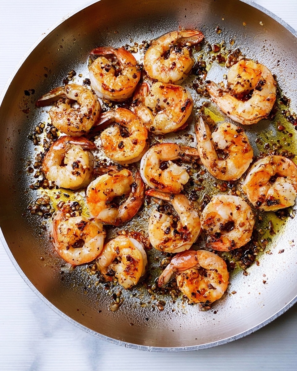 A round silver pan filled with a single layer of cooked shrimp scattered evenly across the surface. The shrimp are orange-pink with dark grill marks and small bits of brown and black garlic or seasoning on and around them. The pan shows light oil sheen and some browned bits stuck to the bottom. The background is a white marbled surface. photo taken with an iphone --ar 4:5 --v 7