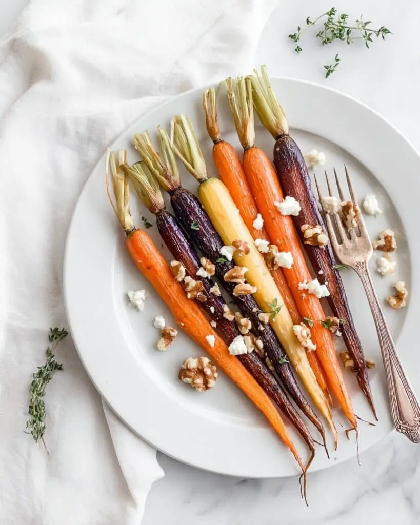 Maple Dijon Roasted Carrots with Walnuts, Goat Cheese, and Thyme Recipe