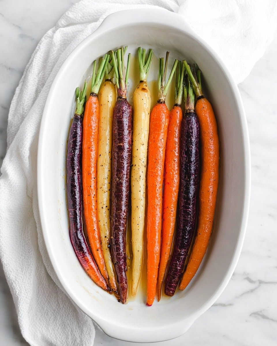 A white plate holds a neat arrangement of whole roasted carrots in three colors: orange, purple, and pale yellow. The carrots are lined up with their tops pointing outward and their roots closer to the center, showing a slightly shiny texture from roasting. On top of the carrots, there are small bits of white cheese scattered along with pieces of light brown walnuts and some fresh green herb sprigs. The plate sits on a white marbled surface next to a white cloth and a long, vintage silver fork with a little thyme near the fork's base. photo taken with an iphone --ar 4:5 --v 7