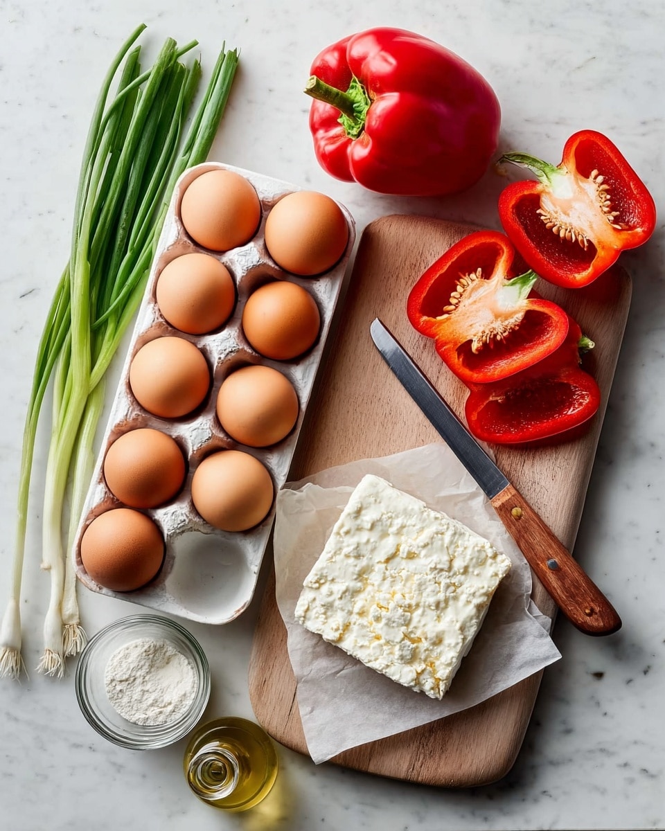 The image shows seven small egg muffins on a white oval plate, each muffin round and yellow with visible bits of red bell pepper, white cheese, and green onion pieces inside. The muffins have slightly textured tops sprinkled with black pepper and garnished with sliced green onions. To the top right, there is a white round plate holding two egg muffins, one of them broken in half revealing the soft, colorful interior. A silver fork rests on this plate. Surrounding the plates are scattered red bell pepper pieces, a striped cloth napkin on a white marbled background, and stacked white round plates to the right. Photo taken with an iphone --ar 4:5 --v 7