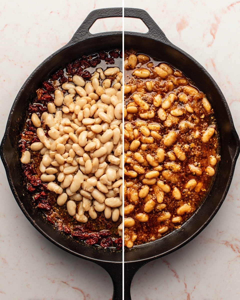 The image shows two side-by-side views of a black cast iron skillet on a white marbled surface. In the left skillet, there is a layer of whole white beans piled on the right side, sitting on top of a dark, oily sauce mixed with small pieces of sun-dried tomatoes and spices visible at the bottom left. In the right skillet, the beans have been stirred into the sauce, with the beans evenly coated and softened, some showing a slight shine from the sauce. The sauce is brownish-red with specks of seasoning throughout, and the skillet handle points downwards. The texture inside the skillet looks thick and stewy. Photo taken with an iphone --ar 4:5 --v 7