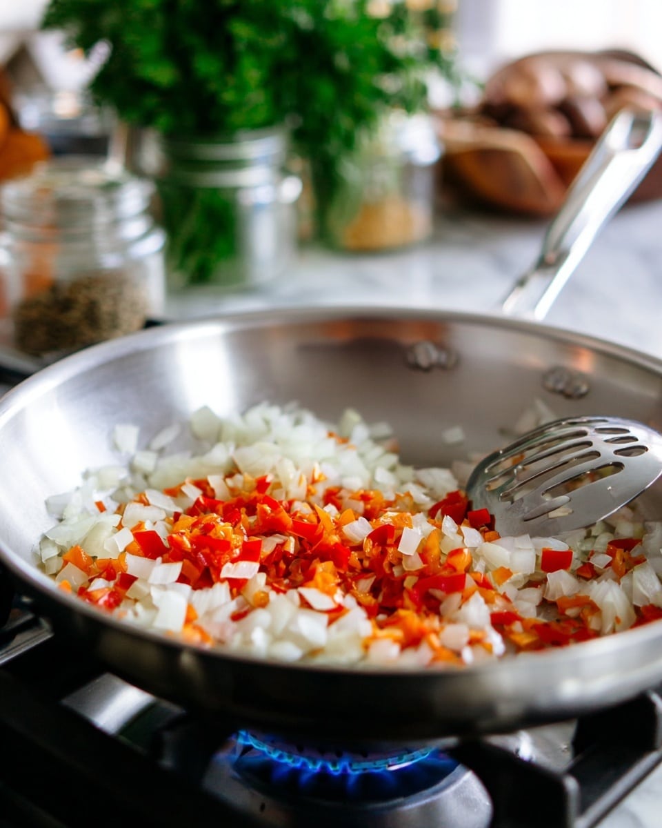 A close-up view of a shiny silver frying pan on a gas stove with blue flame visible below. Inside the pan, there are finely chopped white onions mixed with small pieces of bright red bell pepper spread evenly over the base. A silver slotted spoon rests inside the pan, positioned diagonally from the back left to the front right. In the blurred background, there are fresh green herbs in glass jars and some brown ingredients on a white marbled surface. photo taken with an iphone --ar 4:5 --v 7