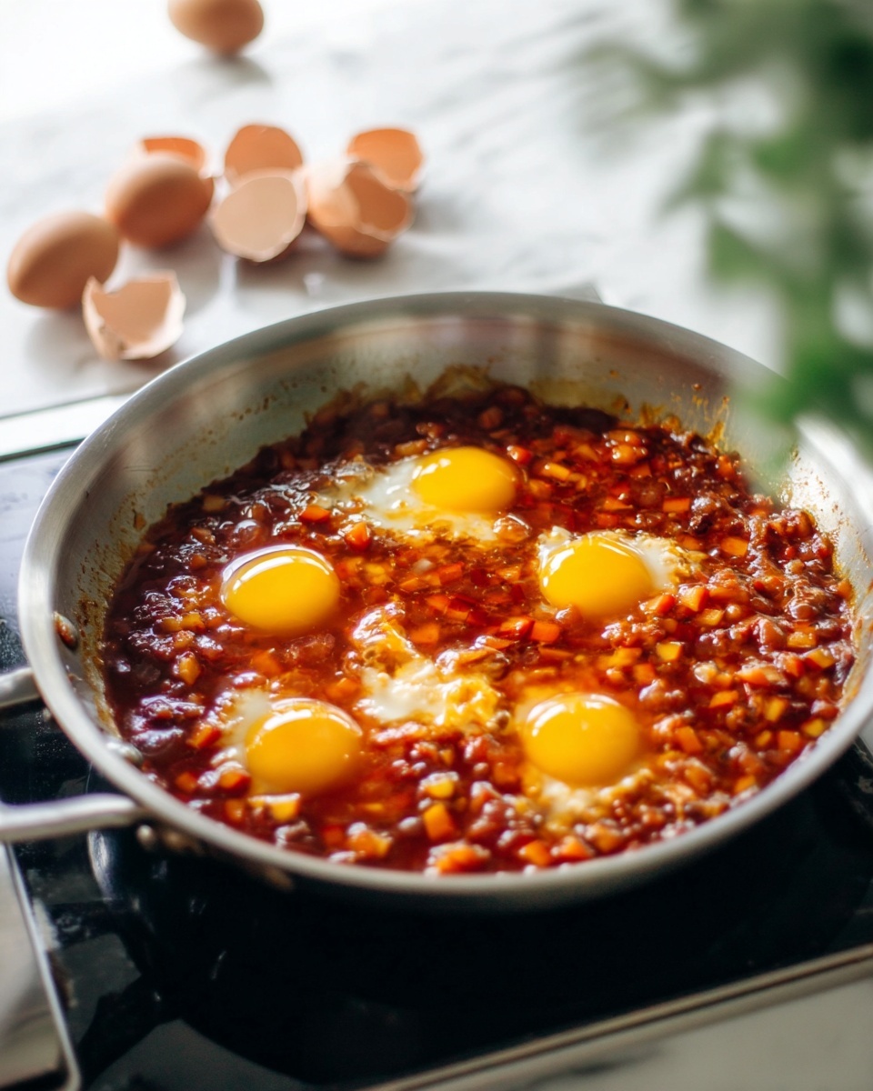 The image shows a silver frying pan on a black stove with a cooking mixture inside. The mixture has a thick red sauce layer full of small orange and red diced vegetables, forming the base. On top of the sauce, there are five raw egg yolks evenly spaced, bright yellow and sitting on a glossy surface of the sauce. The sauce looks rich and chunky, with some lightly cooked white areas where egg whites blend into the sauce. In the background, there are broken brown egg shells and a blurred green plant, all set against a white marbled surface. The lighting is soft and natural, highlighting the colors of the dish well. Photo taken with an iphone --ar 4:5 --v 7